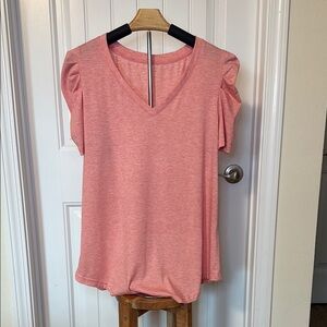 Coral Pink V-Neck Top | Puff Sleeve Tee | Size L